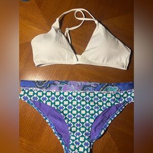 White Halter Bikini Top with Blue & Purple Geometric Bottoms